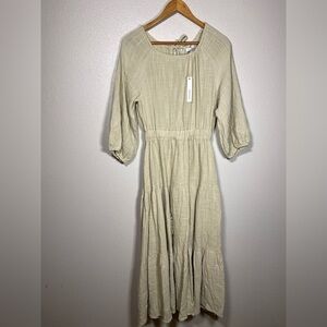 Crescent Farmhouse Drawstring Beige Bohemian Maxi Dress Small NWT